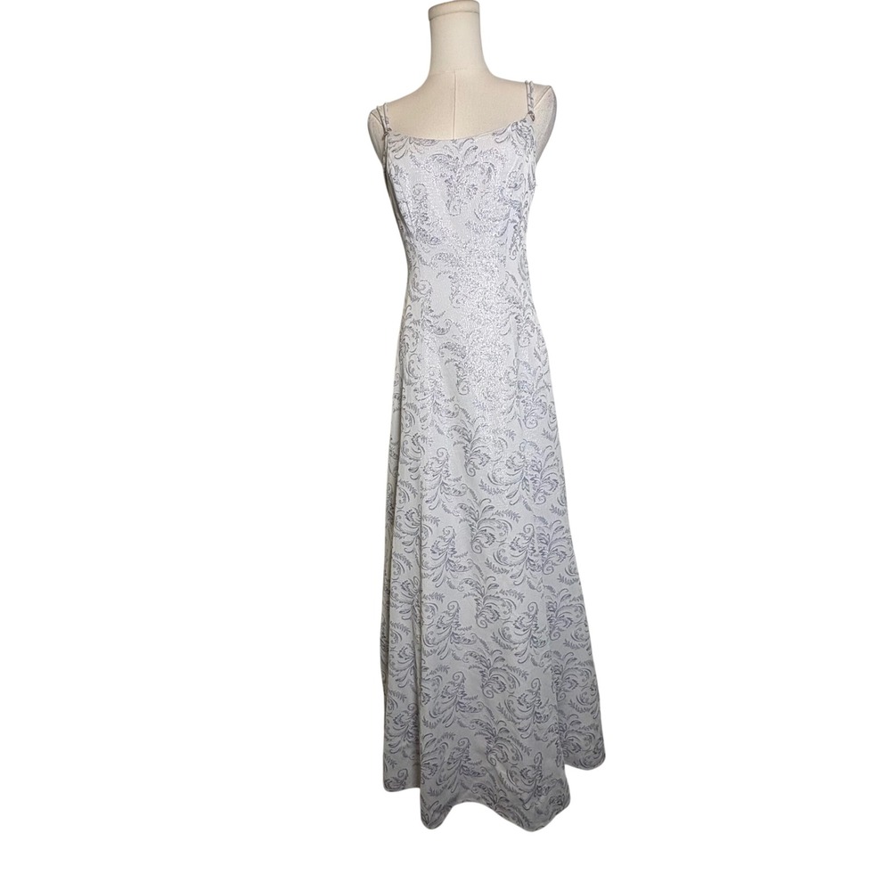 Vintage Maurices Silver Lavender Metallic Brocade Low Back Maxi Gown Dress 8